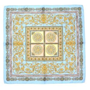 Blue Gold Baroque Satin Scarf 35" Square Head Neck Hair Wrap Luxury Print